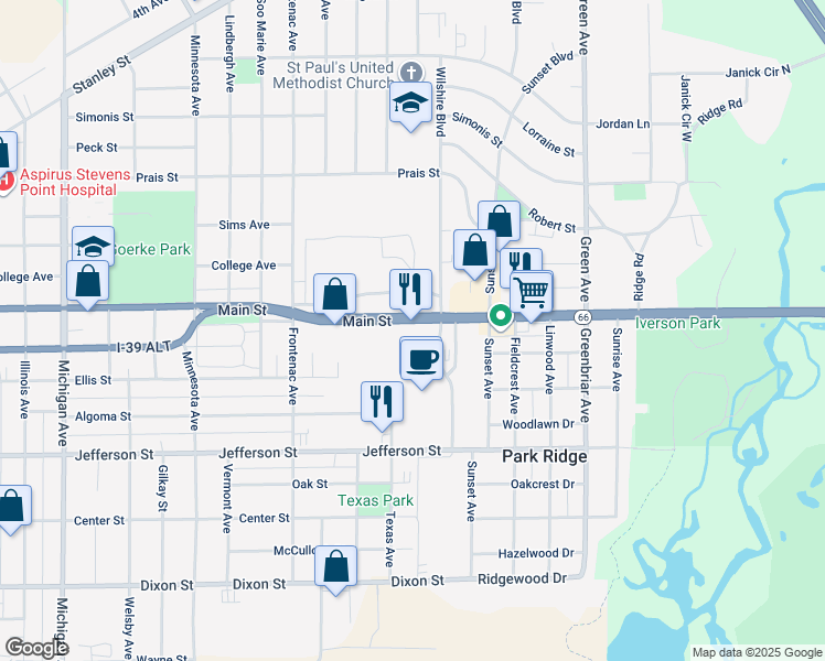 map of restaurants, bars, coffee shops, grocery stores, and more near 3409 Main Street in Stevens Point