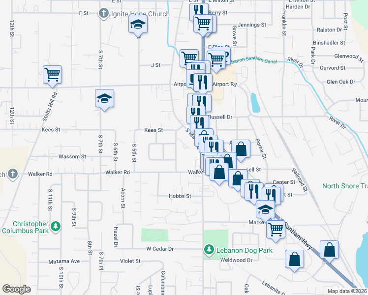 map of restaurants, bars, coffee shops, grocery stores, and more near 2421 South Second Street in Lebanon