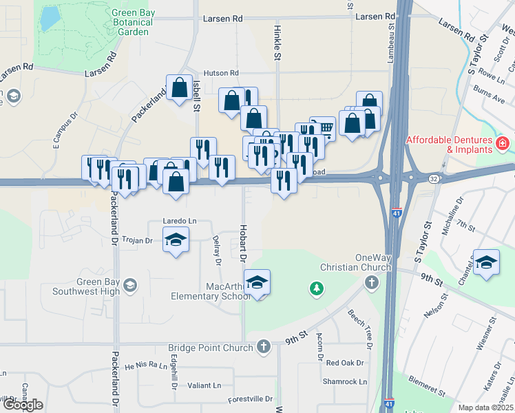 map of restaurants, bars, coffee shops, grocery stores, and more near 1125 Hobart Drive in Green Bay