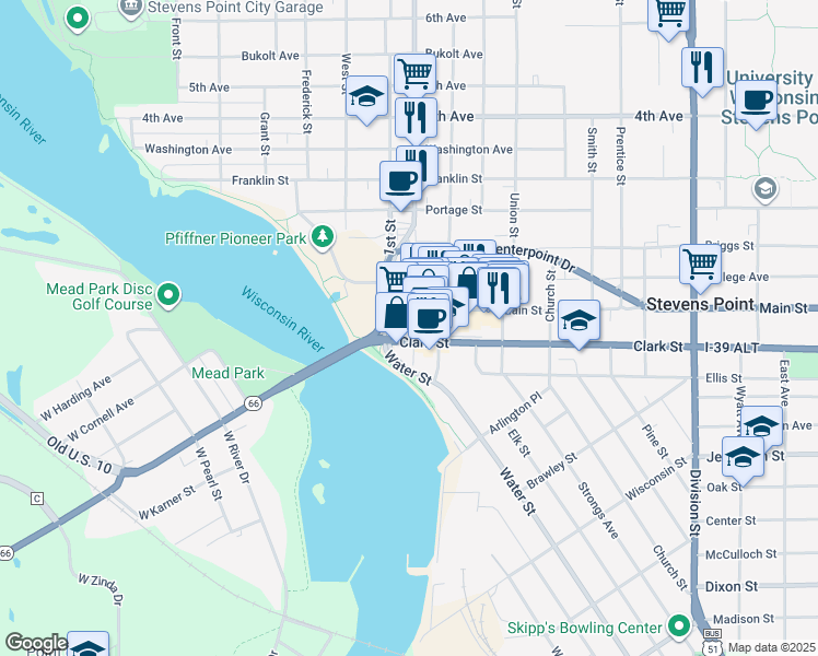 map of restaurants, bars, coffee shops, grocery stores, and more near 835 Main Street in Stevens Point