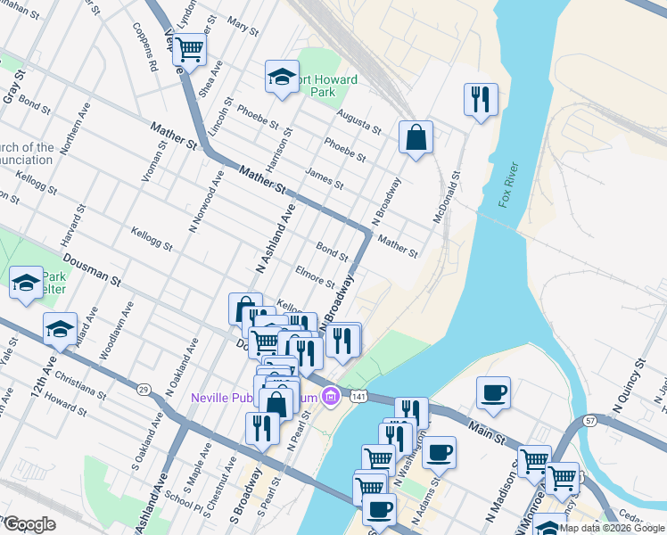 map of restaurants, bars, coffee shops, grocery stores, and more near 514 North Chestnut Avenue in Green Bay