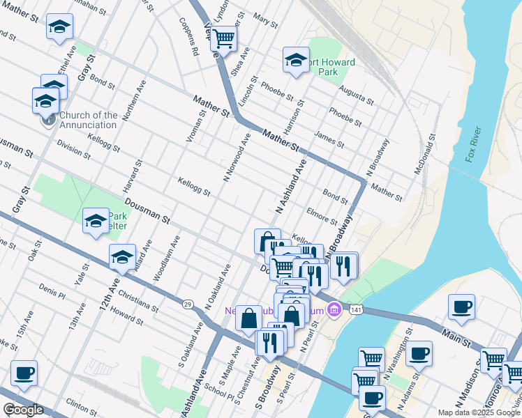 map of restaurants, bars, coffee shops, grocery stores, and more near 410 North Oakland Avenue in Green Bay
