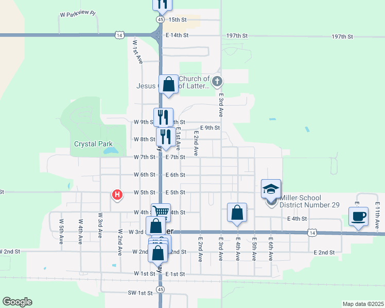 map of restaurants, bars, coffee shops, grocery stores, and more near 211 East 7th Street in Miller