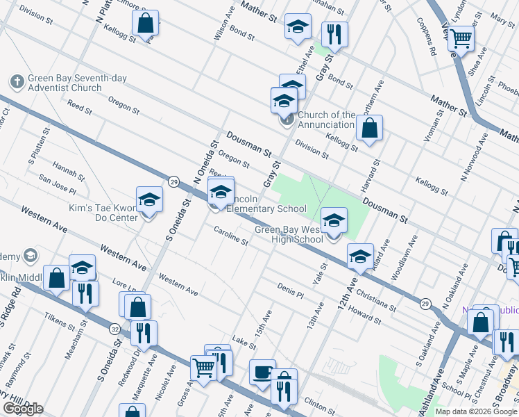 map of restaurants, bars, coffee shops, grocery stores, and more near 114 Gray Street in Green Bay