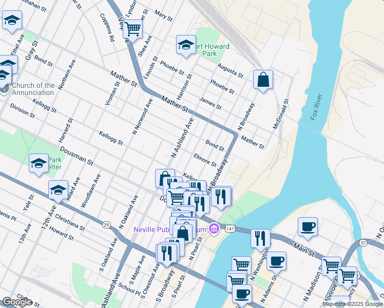map of restaurants, bars, coffee shops, grocery stores, and more near 601 Elmore Street in Green Bay