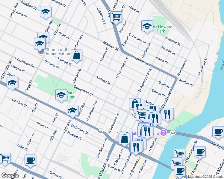 map of restaurants, bars, coffee shops, grocery stores, and more near 324 North Norwood Avenue in Green Bay