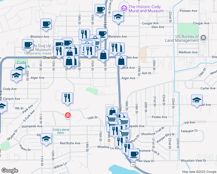 map of restaurants, bars, coffee shops, grocery stores, and more near 1320 16th St in Cody