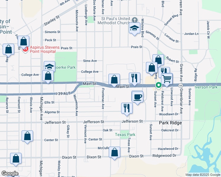 map of restaurants, bars, coffee shops, grocery stores, and more near 3125 Main Street in Stevens Point