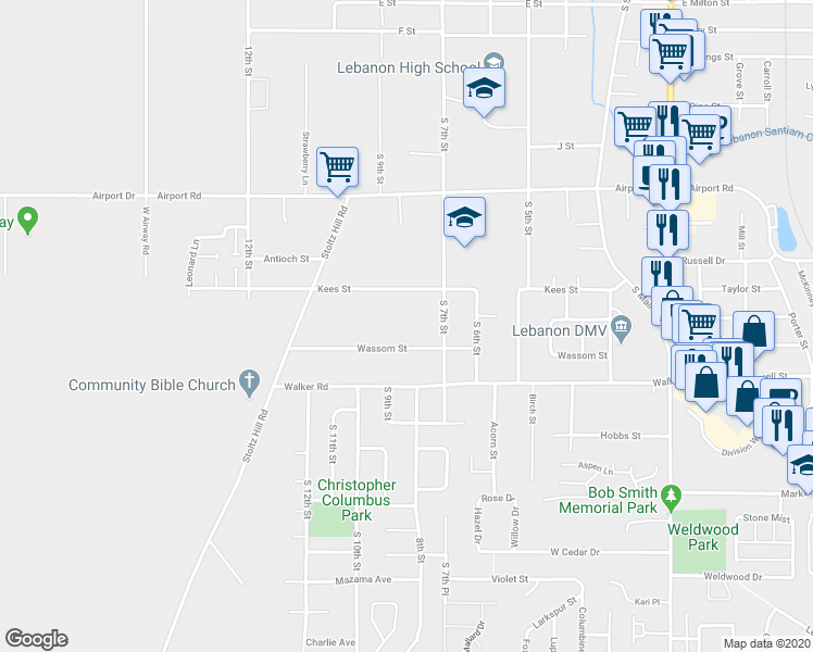 map of restaurants, bars, coffee shops, grocery stores, and more near 875 Wassom Street in Lebanon