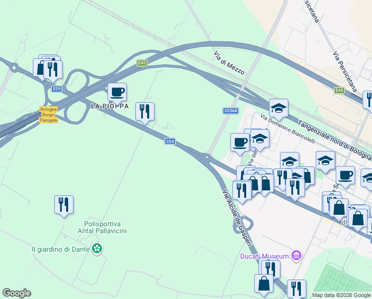 map of restaurants, bars, coffee shops, grocery stores, and more near 203/13 Via Marco Emilio Lepido in Bologna