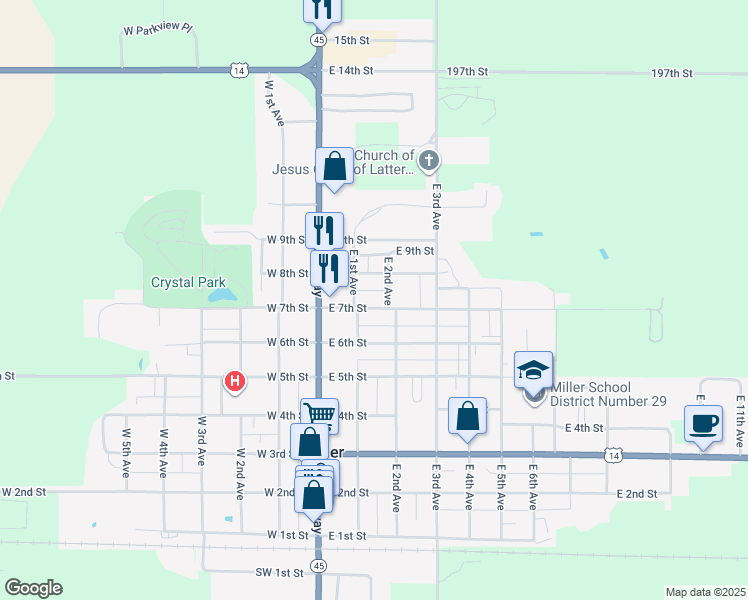 map of restaurants, bars, coffee shops, grocery stores, and more near 211 East 7th Street in Miller