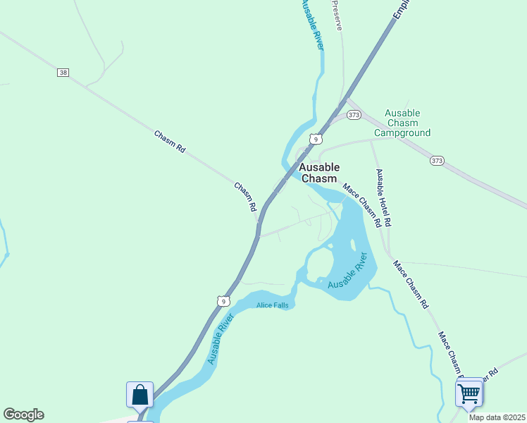 map of restaurants, bars, coffee shops, grocery stores, and more near New York State Bicycle Route 9 in Keeseville