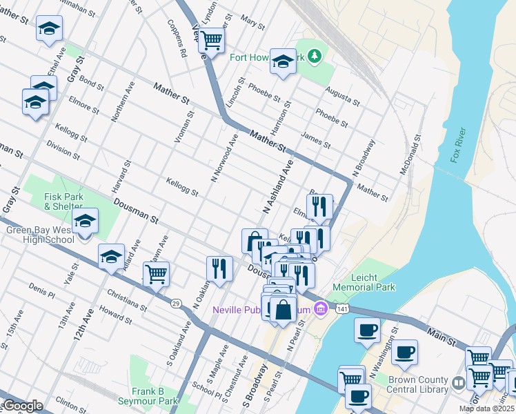 map of restaurants, bars, coffee shops, grocery stores, and more near 410 North Oakland Avenue in Green Bay