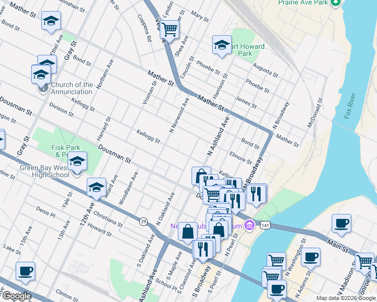 map of restaurants, bars, coffee shops, grocery stores, and more near 410 North Oakland Avenue in Green Bay