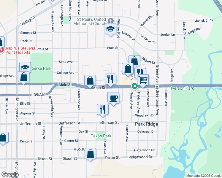 map of restaurants, bars, coffee shops, grocery stores, and more near 3409 Main Street in Stevens Point