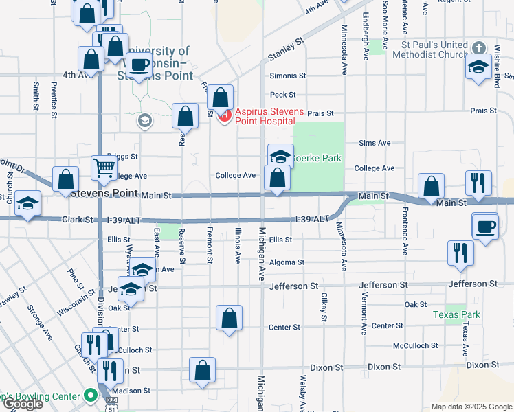 map of restaurants, bars, coffee shops, grocery stores, and more near 1316 Michigan Avenue in Stevens Point