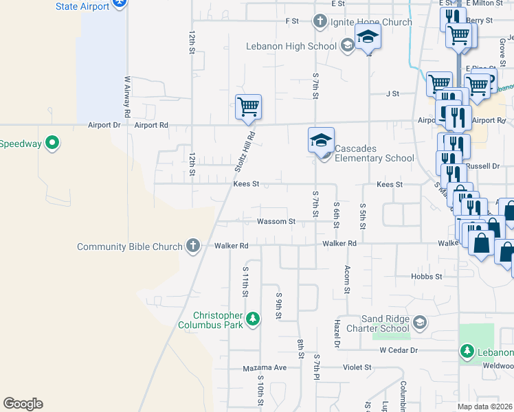 map of restaurants, bars, coffee shops, grocery stores, and more near 937 Wassom Street in Lebanon