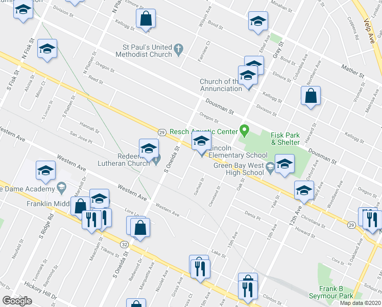 map of restaurants, bars, coffee shops, grocery stores, and more near 106 South Buchanan Street in Green Bay