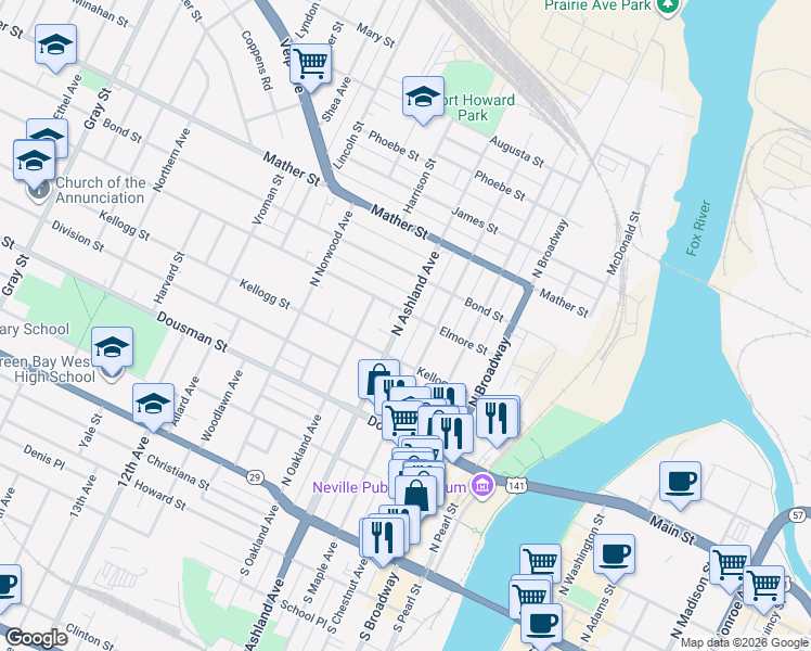 map of restaurants, bars, coffee shops, grocery stores, and more near 426 North Ashland Avenue in Green Bay