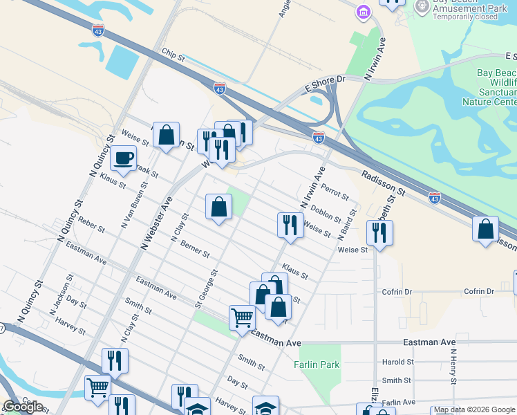 map of restaurants, bars, coffee shops, grocery stores, and more near 1214 Weise St in Green Bay