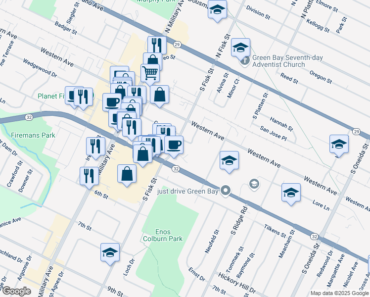 map of restaurants, bars, coffee shops, grocery stores, and more near 507 South Fisk Street in Green Bay