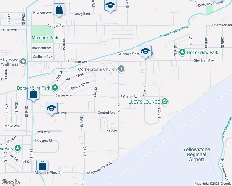map of restaurants, bars, coffee shops, grocery stores, and more near 1405 29th Street in Cody