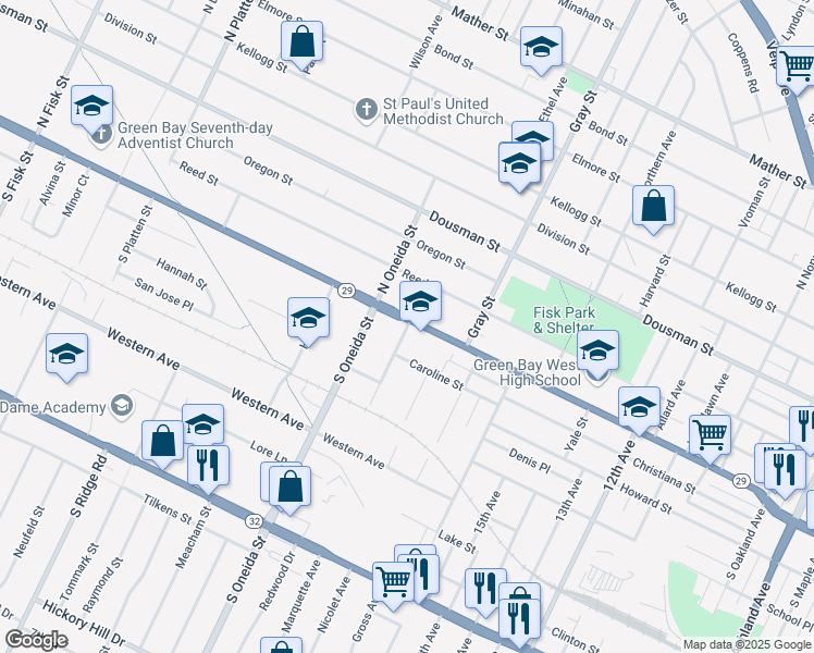 map of restaurants, bars, coffee shops, grocery stores, and more near 105 South Buchanan Street in Green Bay