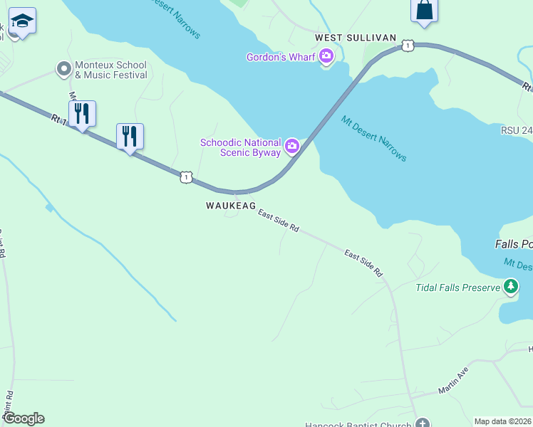 map of restaurants, bars, coffee shops, grocery stores, and more near 29 East Side Road in Hancock