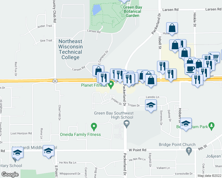 map of restaurants, bars, coffee shops, grocery stores, and more near 2641 West Mason Street in Green Bay