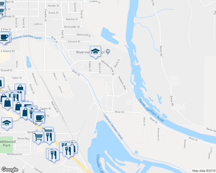 map of restaurants, bars, coffee shops, grocery stores, and more near 2339 Kokanee Way in Lebanon