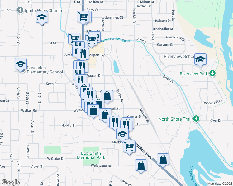 map of restaurants, bars, coffee shops, grocery stores, and more near 2410 Porter Street in Lebanon