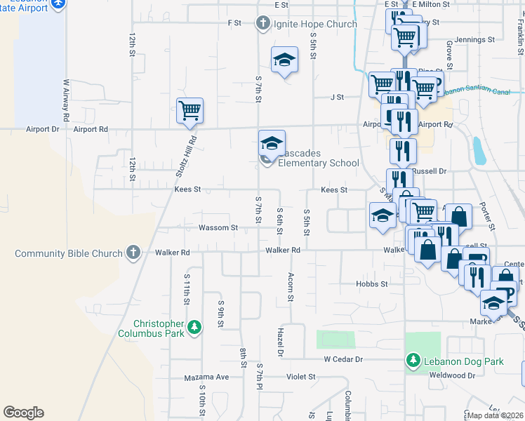 map of restaurants, bars, coffee shops, grocery stores, and more near 2469 South 7th Street in Lebanon