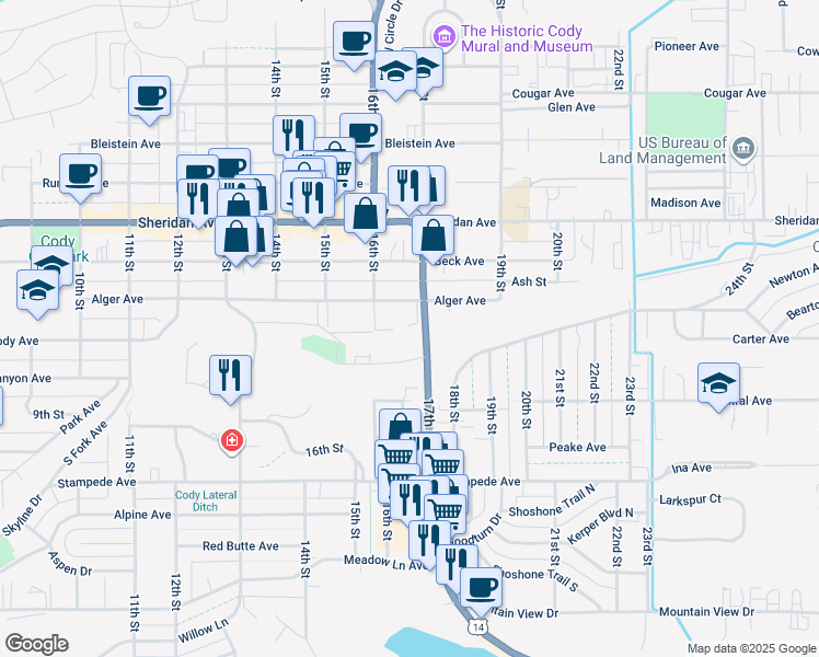 map of restaurants, bars, coffee shops, grocery stores, and more near 1325 1/2 17th Street in Cody
