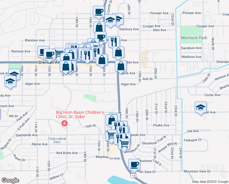 map of restaurants, bars, coffee shops, grocery stores, and more near 1325 1/2 17th Street in Cody