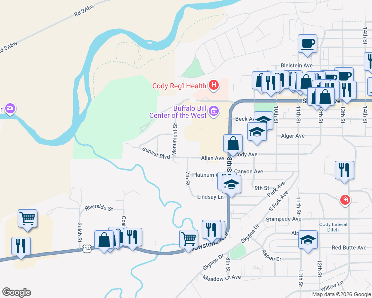 map of restaurants, bars, coffee shops, grocery stores, and more near in Cody