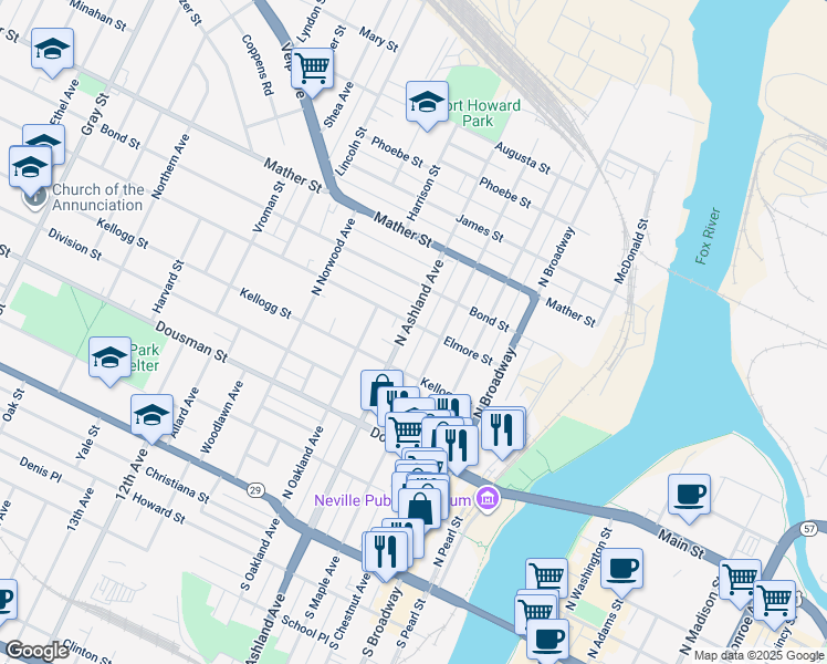 map of restaurants, bars, coffee shops, grocery stores, and more near 426 North Ashland Avenue in Green Bay