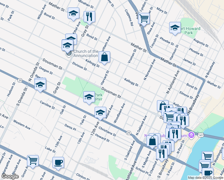 map of restaurants, bars, coffee shops, grocery stores, and more near 930 Dousman Street in Green Bay