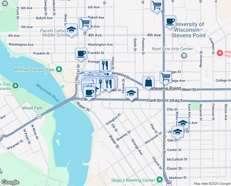 map of restaurants, bars, coffee shops, grocery stores, and more near 1140 Main Street in Stevens Point