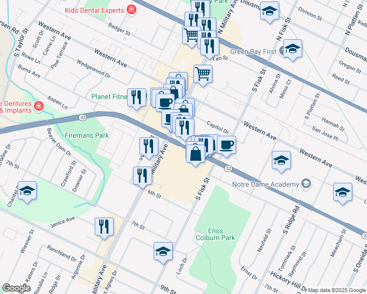 map of restaurants, bars, coffee shops, grocery stores, and more near Green Bay Plaza in Green Bay