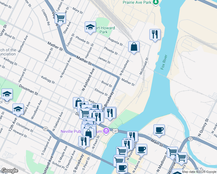 map of restaurants, bars, coffee shops, grocery stores, and more near 514 North Chestnut Avenue in Green Bay