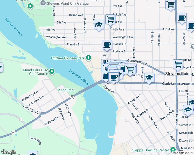 map of restaurants, bars, coffee shops, grocery stores, and more near 601 Main Street in Stevens Point