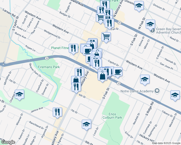 map of restaurants, bars, coffee shops, grocery stores, and more near 1561 West Mason Street in Green Bay