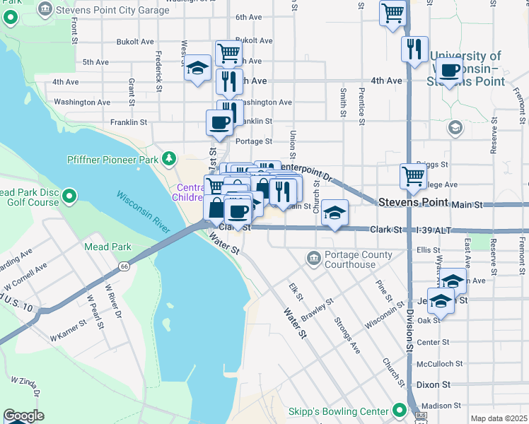 map of restaurants, bars, coffee shops, grocery stores, and more near 1132 Clark Street in Stevens Point