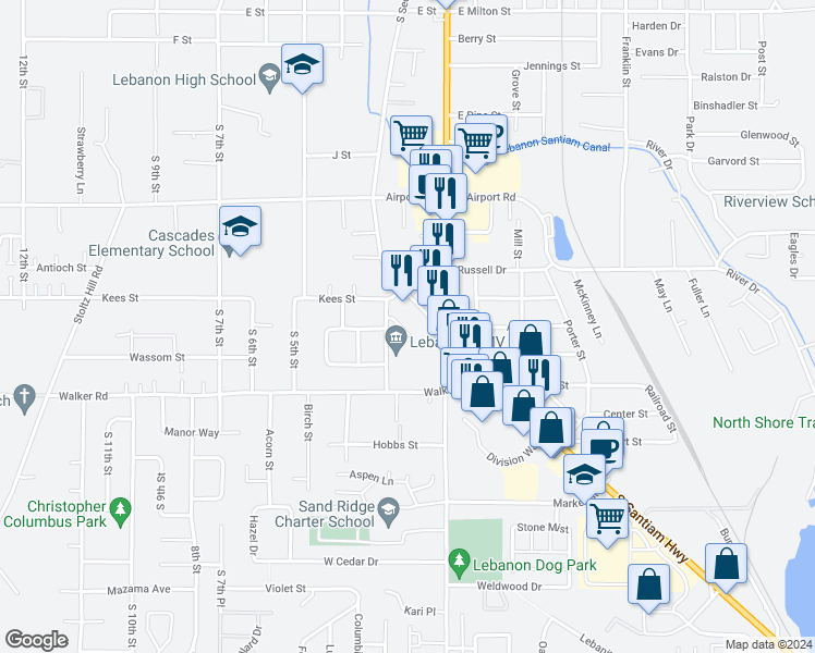 map of restaurants, bars, coffee shops, grocery stores, and more near 2421 South Second Street in Lebanon