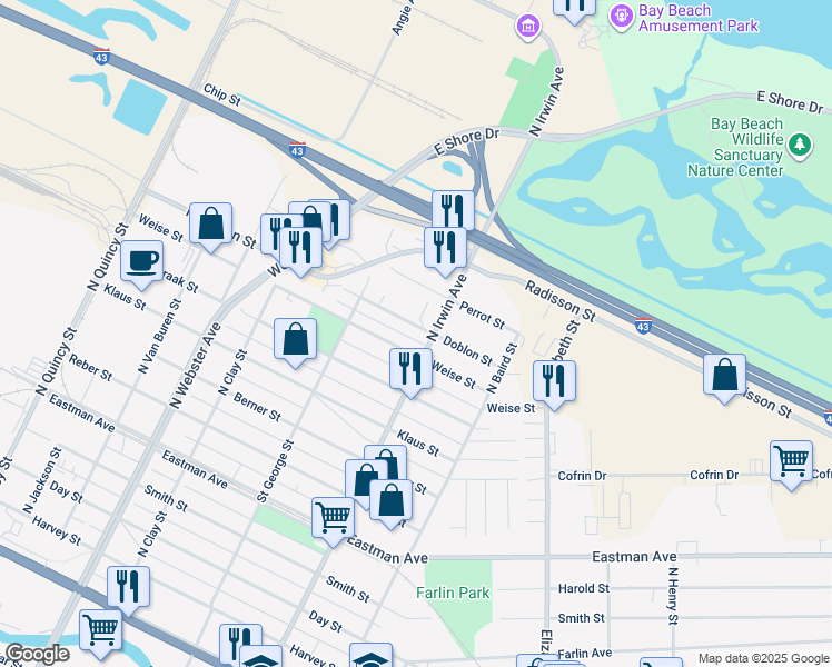 map of restaurants, bars, coffee shops, grocery stores, and more near 1253 Weise Street in Green Bay