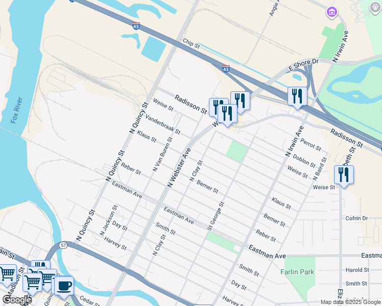 map of restaurants, bars, coffee shops, grocery stores, and more near 1000 Klaus Street in Green Bay