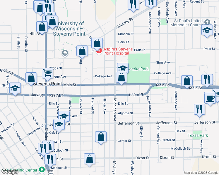 map of restaurants, bars, coffee shops, grocery stores, and more near 1316 Michigan Avenue in Stevens Point