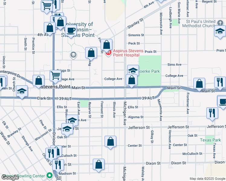 map of restaurants, bars, coffee shops, grocery stores, and more near 2257 Main Street in Stevens Point