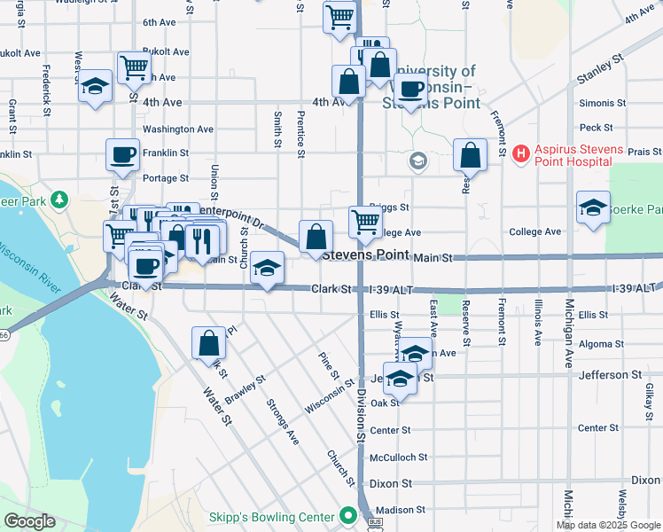 map of restaurants, bars, coffee shops, grocery stores, and more near 1649 Main Street in Stevens Point