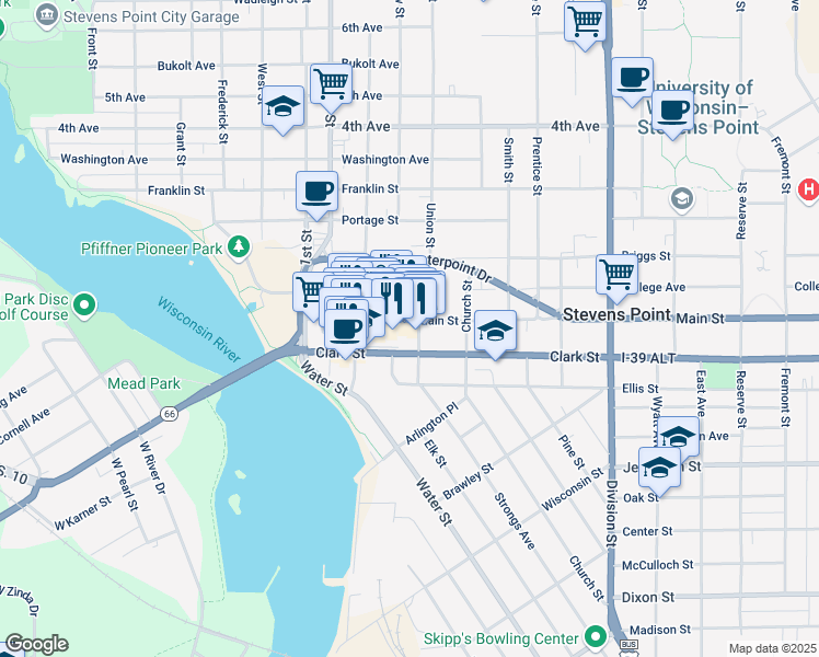 map of restaurants, bars, coffee shops, grocery stores, and more near 1132 Clark Street in Stevens Point